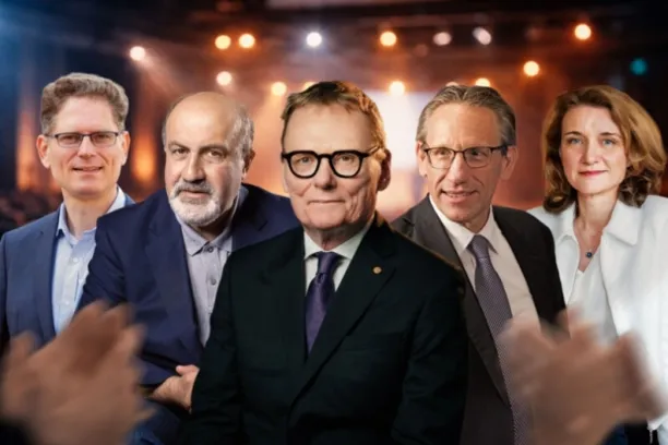 Staraufgebot auf dem Institutional Money Kongress 2027 (von links nach rechts): Princeton-Ökonom Markus Brunnermeier, Schwarzer Schwan-Autor Nassim Taleb, Nobelpreisträger James A. Robinson, Finanzminister a.D. Jörg Kukies, Bertelsmann Stiftungs-Vorständin Daniela Schwarzer.